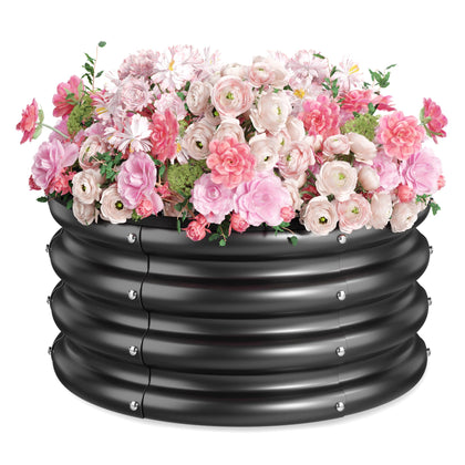 SOCONT round raised garden bed, black outer view, durable galvanized steel.