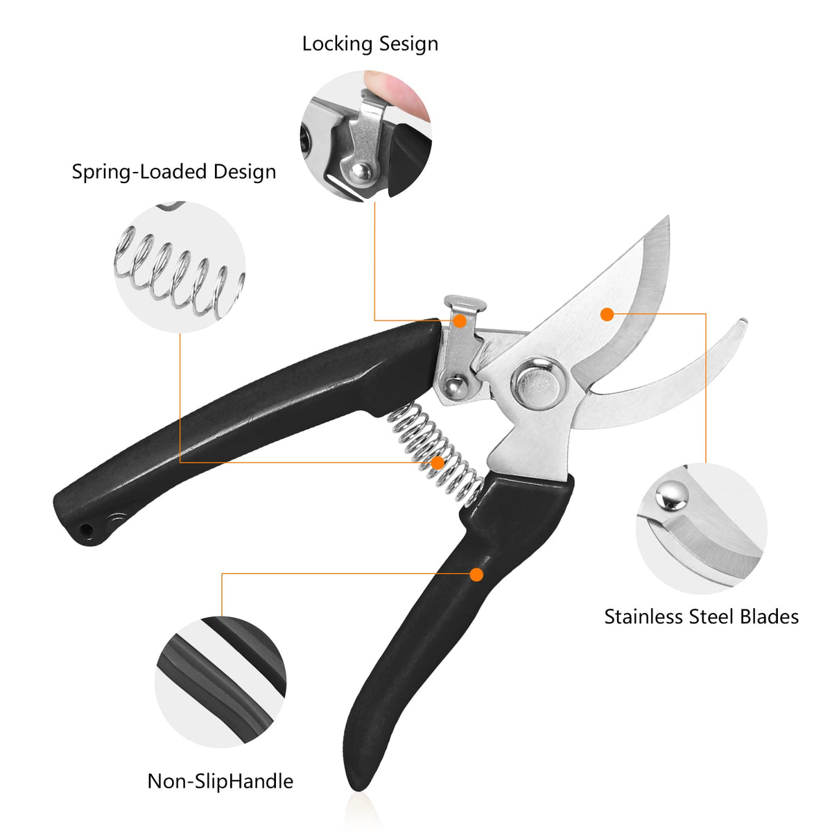 SoftSense Garden Scissors secure lock for one-handed blade safety and safe storage.