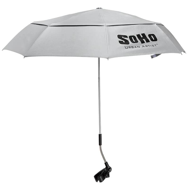 SoHo Urban Artist UV Sunscreen Umbrella folded for compact storage and travel.