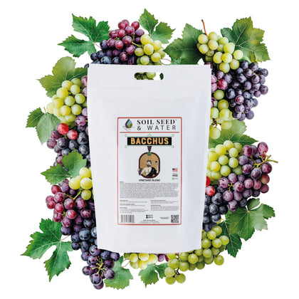 SOIL SEED & WATER Bacchus Organic Fertilizer packaging showing organic vineyard nourishment
