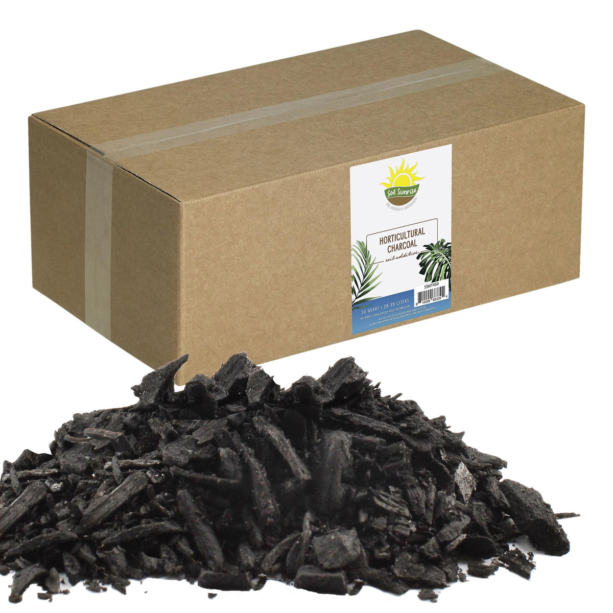 Soil Sunrise charcoal bag on shelf promotes natural soil amendment for healthy roots.