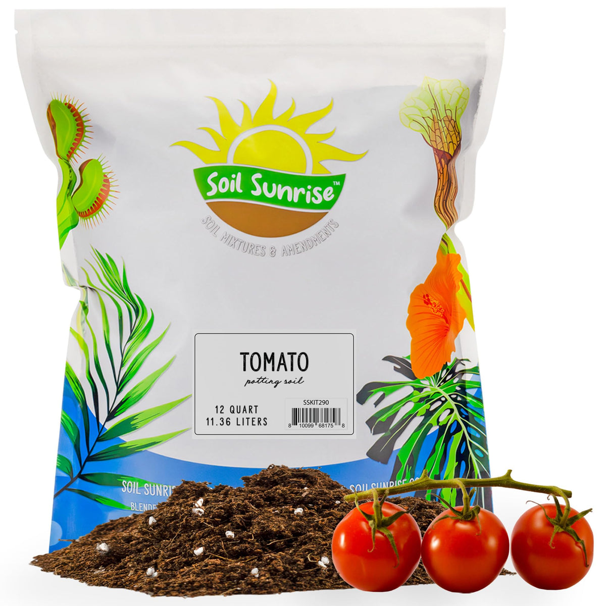 Soil Sunrise tomato starter 12-quarts front label emphasizes natural ingredients for healthy transplants.
