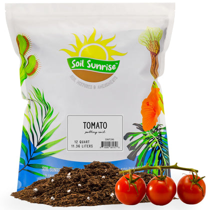 Soil Sunrise tomato starter 12-quarts front label emphasizes natural ingredients for healthy transplants.