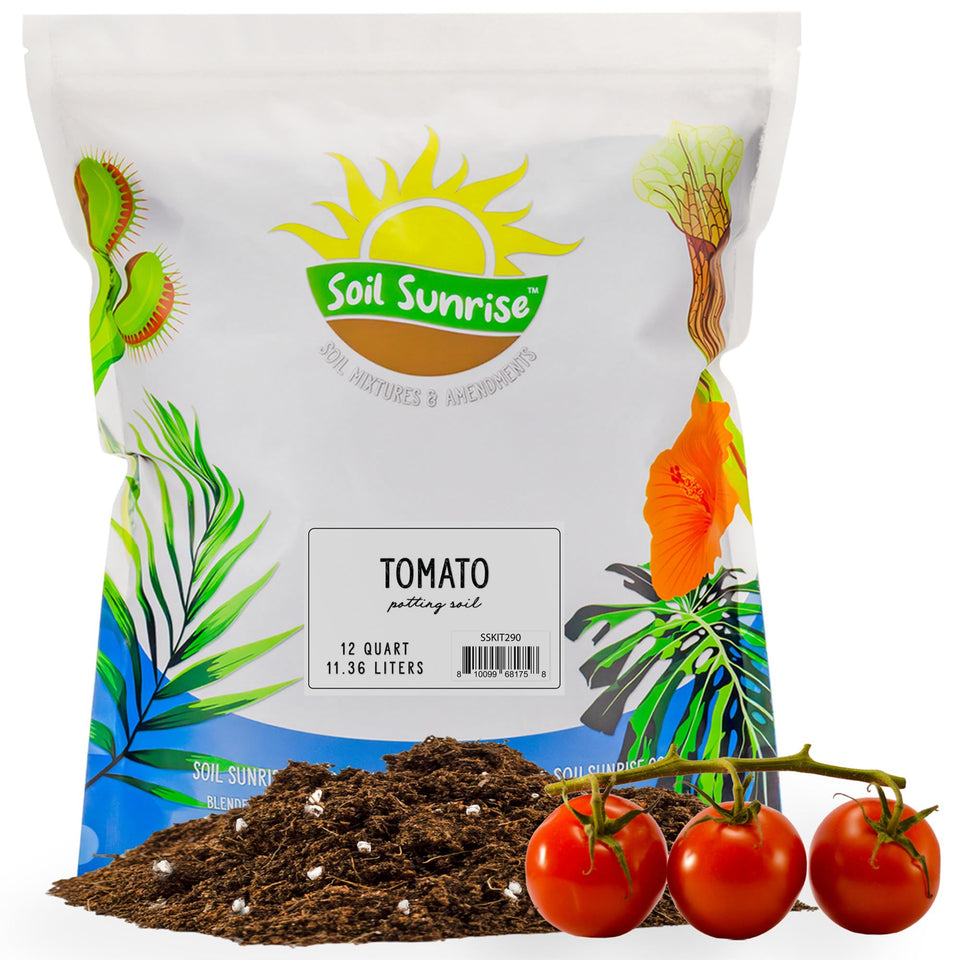 Soil Sunrise tomato starter 12-quarts front label emphasizes natural ingredients for healthy transplants.