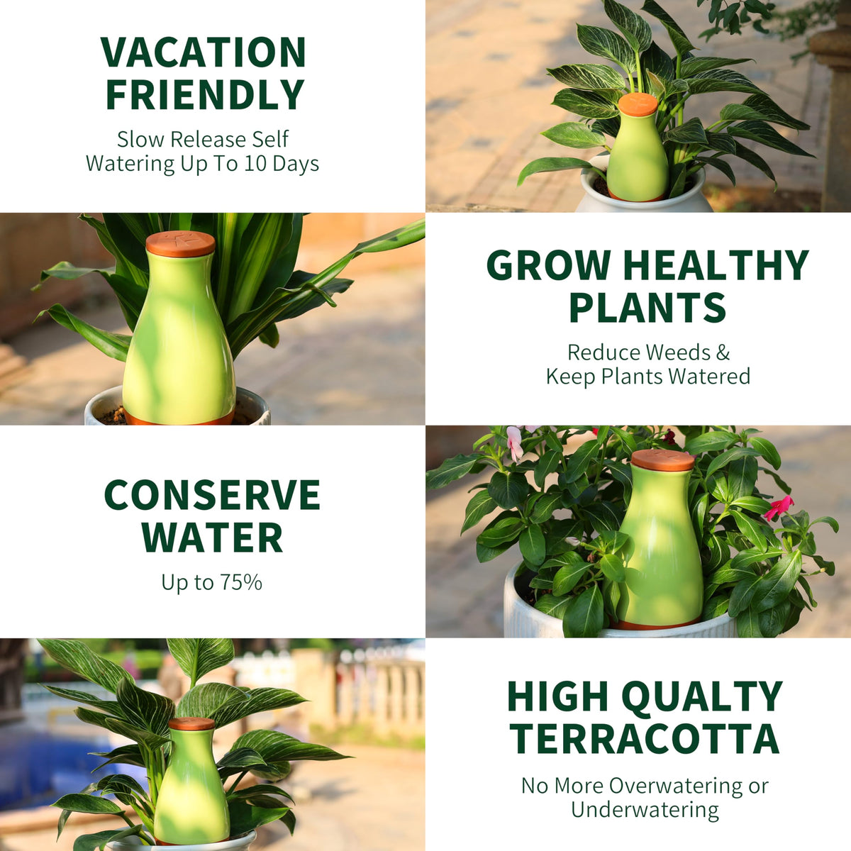 Soilagua durable clay drip stakes suitable for indoor and outdoor use.