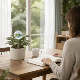 Soilagua glass water bulb softly glows as it waters