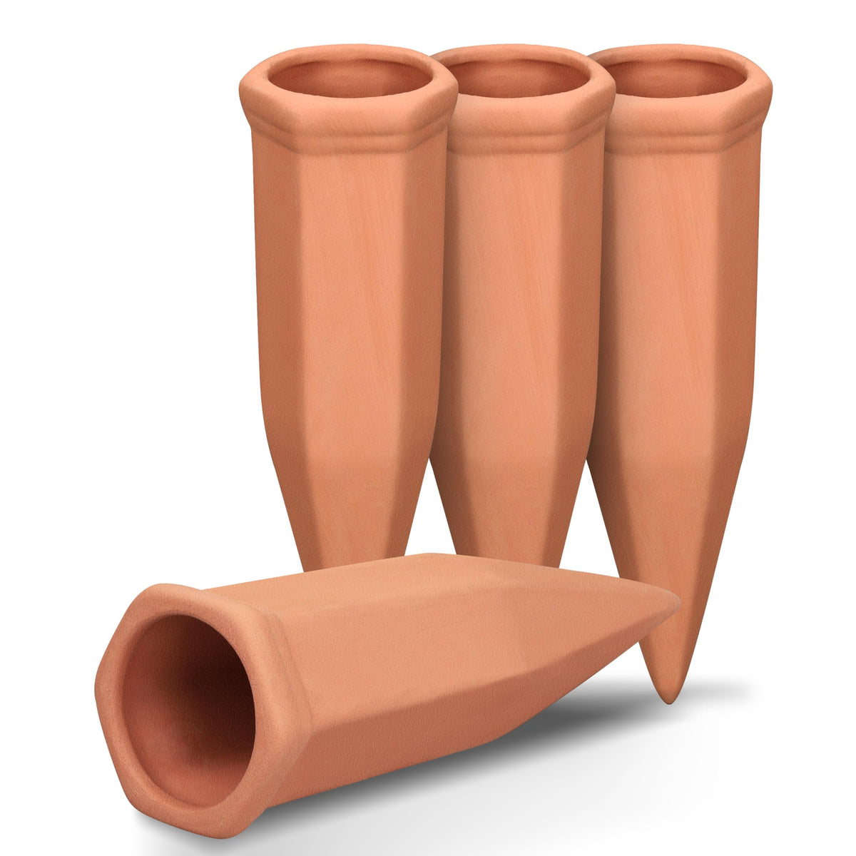 Soilagua terracotta watering spike in use with a wine bottle delivering steady moisture to the root zone.