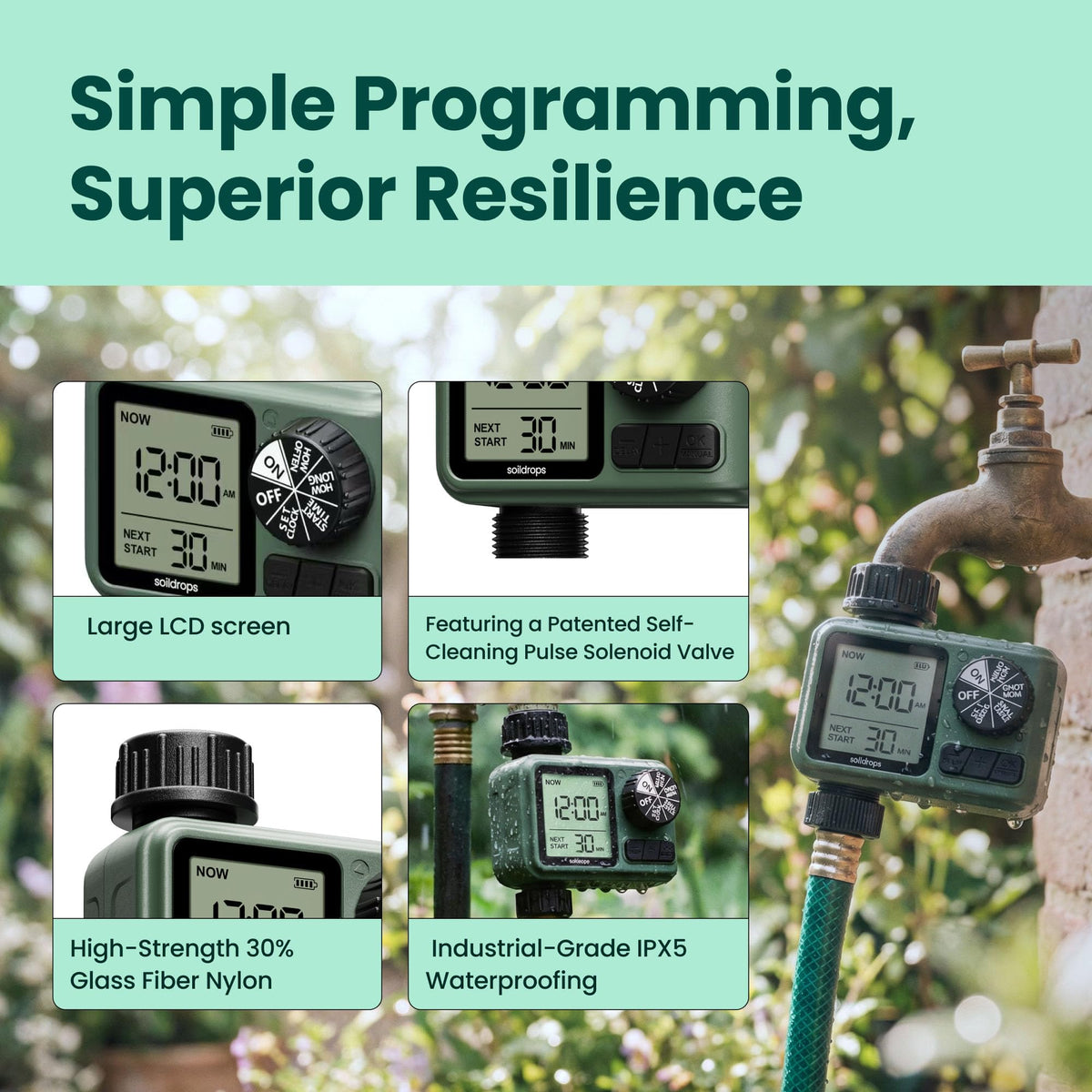 Soildrops sprinkler timer battery compartment houses two AAA batteries.