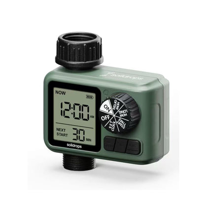 Soildrops sprinkler timer front panel with clear LCD for easy scheduling.