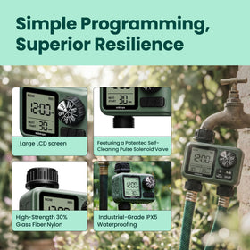 Soildrops timer IPX5 design withstands outdoor exposure and rain.