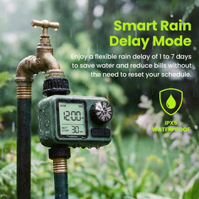 Soildrops sprinkler timer IPX5 waterproof body withstands outdoor rain.