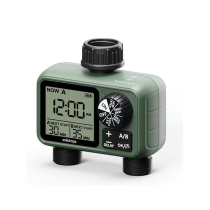 Soildrops sprinkler timer with a large dial for precise irrigation control.