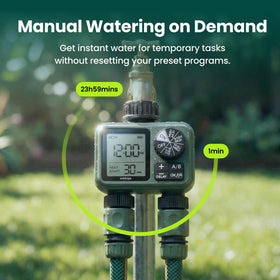 Soildrops sprinkler timer rain-delay mode helps save water during wet weather.