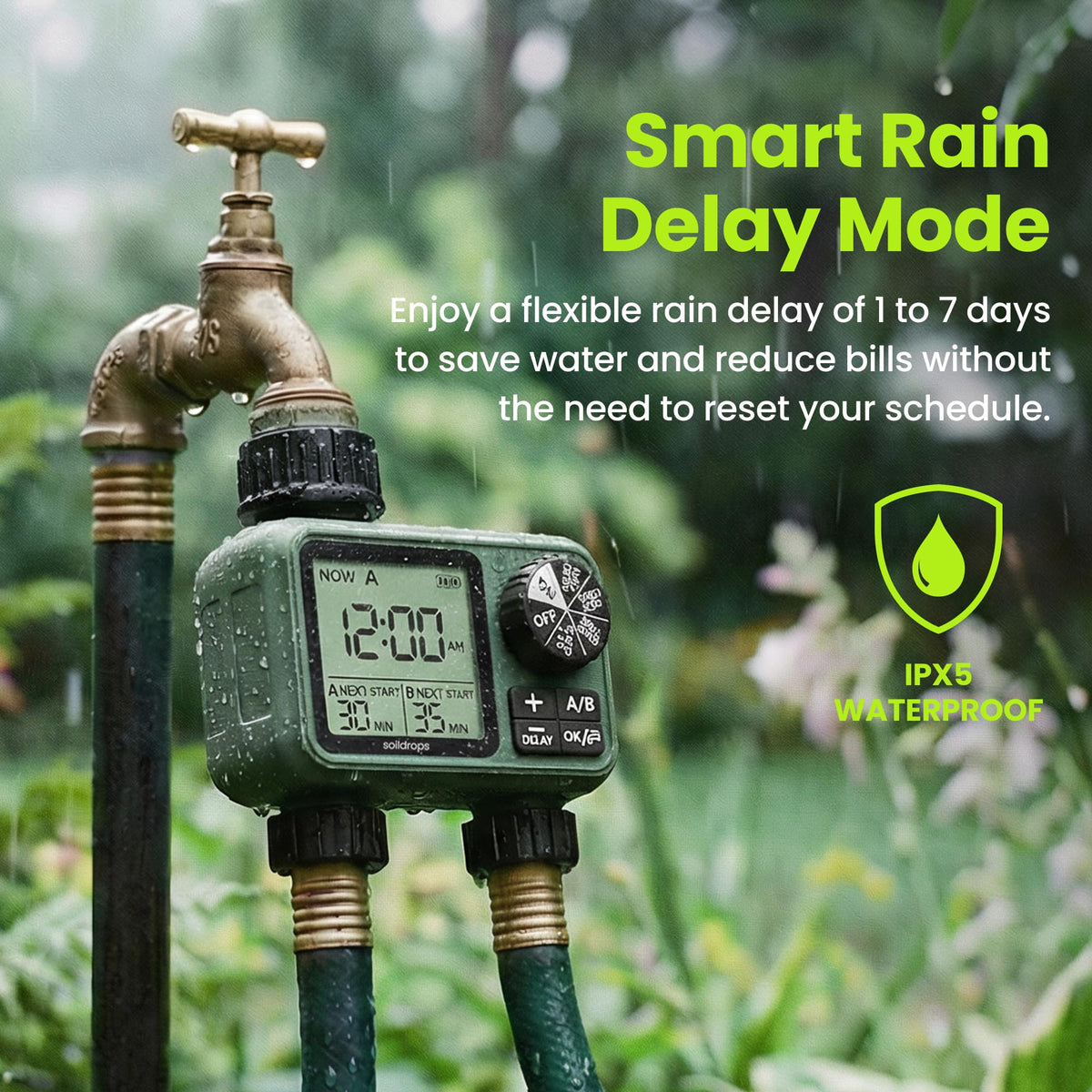 Soildrops timer self-cleaning valve reduces clogs for longer garden reliability.