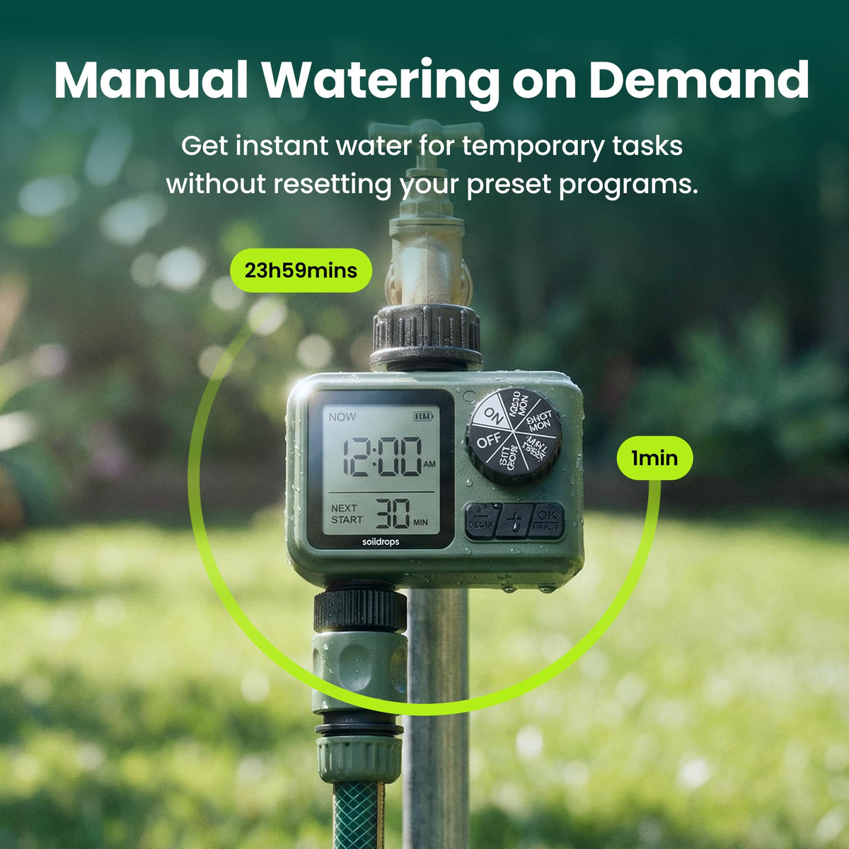 Soildrops sprinkler timer self-cleaning valve prevents clogs for reliability.