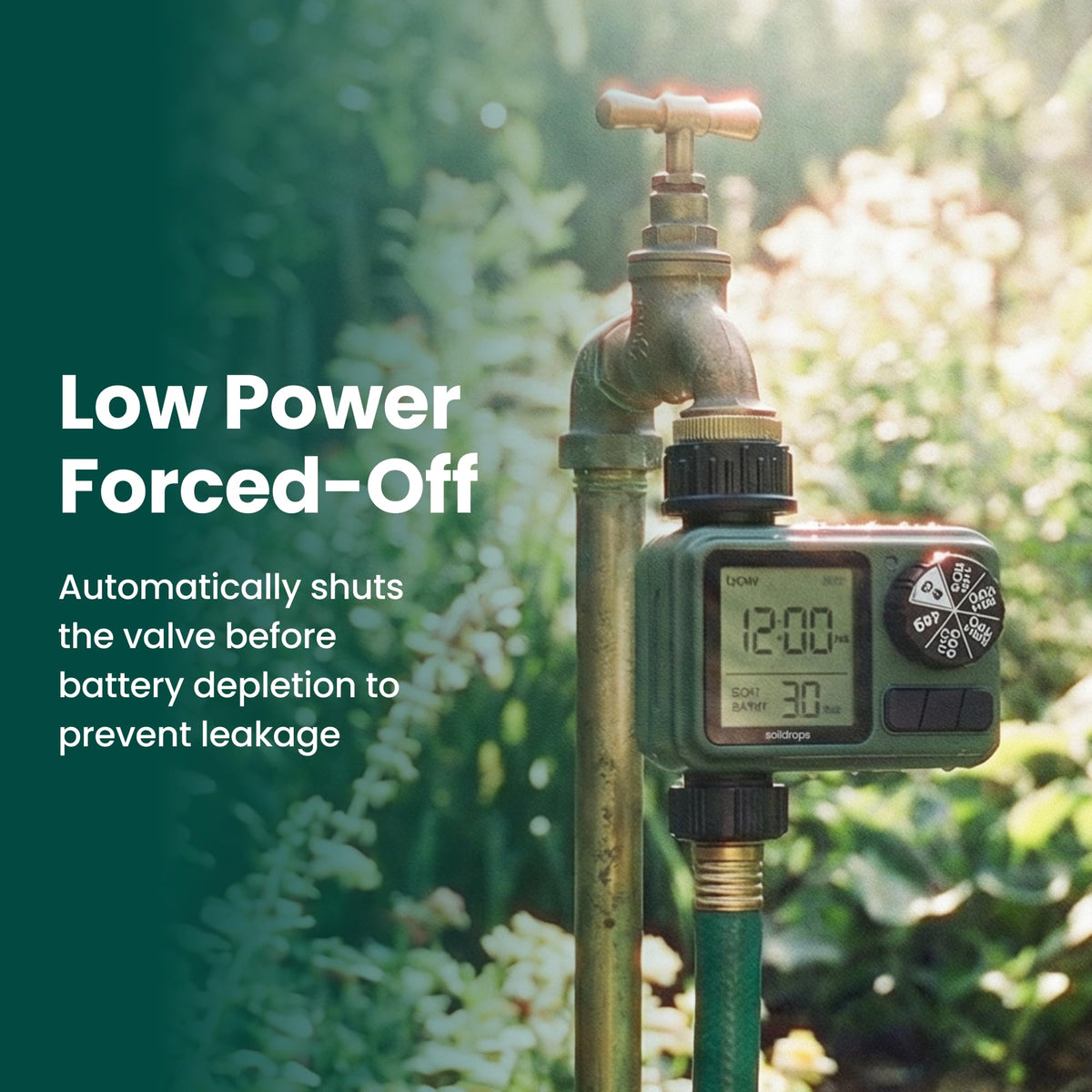 Soildrops sprinkler timer tool-free installation fits standard hose spigots.