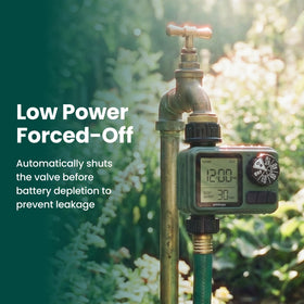 Soildrops sprinkler timer tool-free installation fits standard hose spigots.
