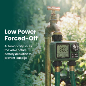 Soildrops sprinkler timer with two outlets fits standard hoses for versatile setups.