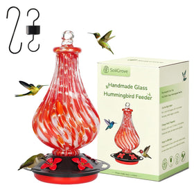 SOILGROVE glass hummingbird feeder, 24 oz, red hand-blown glass attracts birds
