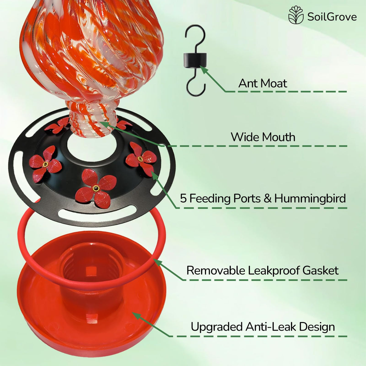 SOILGROVE red hand-blown glass feeder enhances yard visibility