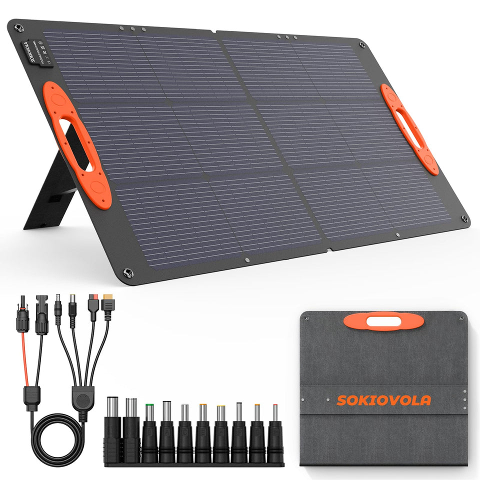 SOKIOVOLA 100W folded portable solar panel ready for compact outdoor charging.