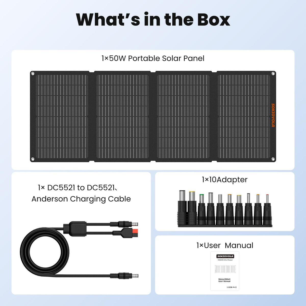Sokiovola 50W camping RV-energy, reliable off-grid solar charging.