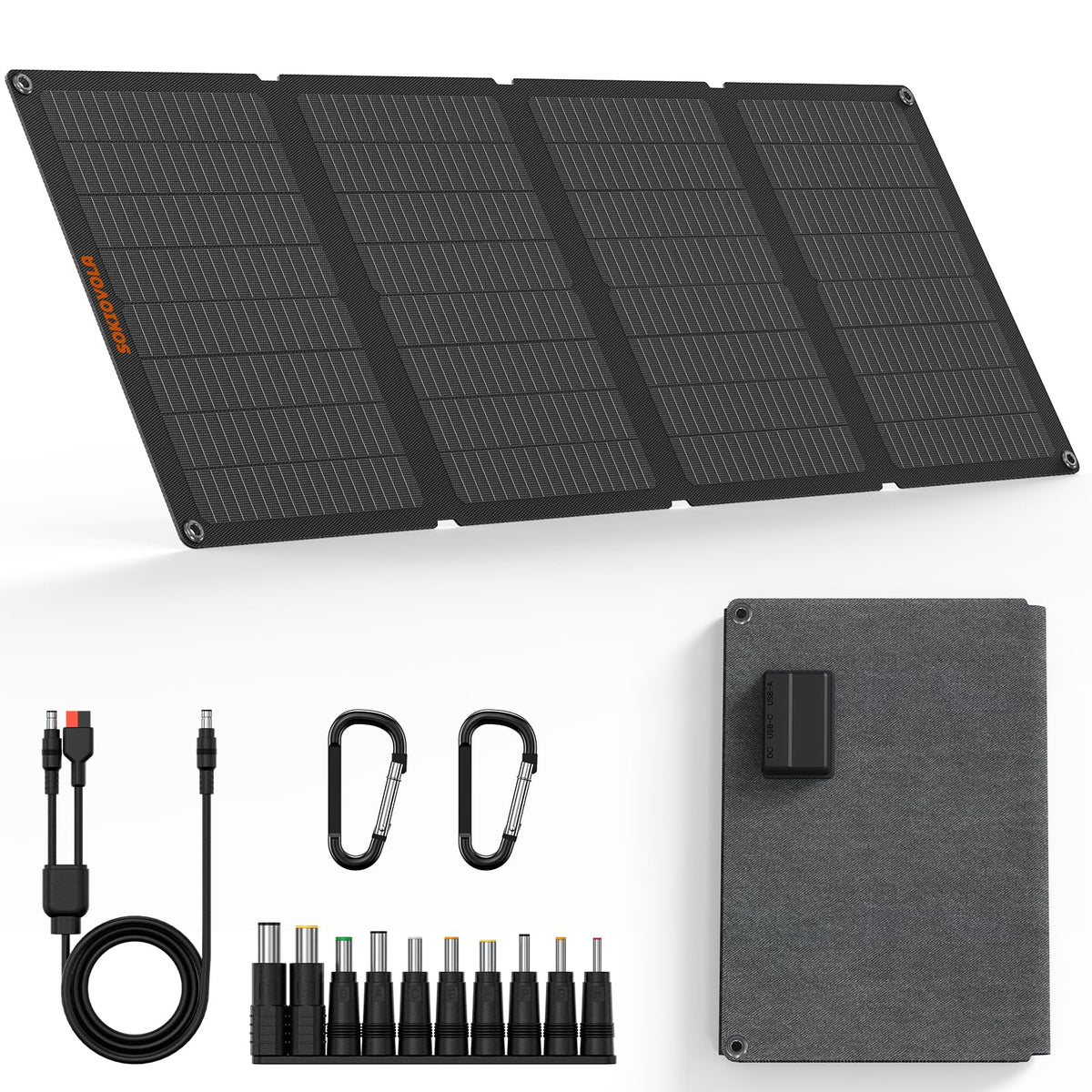 Sokiovola 50W foldable panel closed, ideal for compact travel and storage.