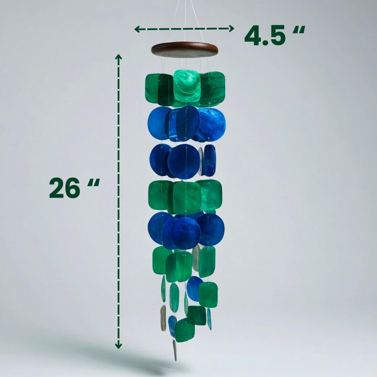 Solange & Frances wind chimes showcase circle and square capiz shells for visual interest.