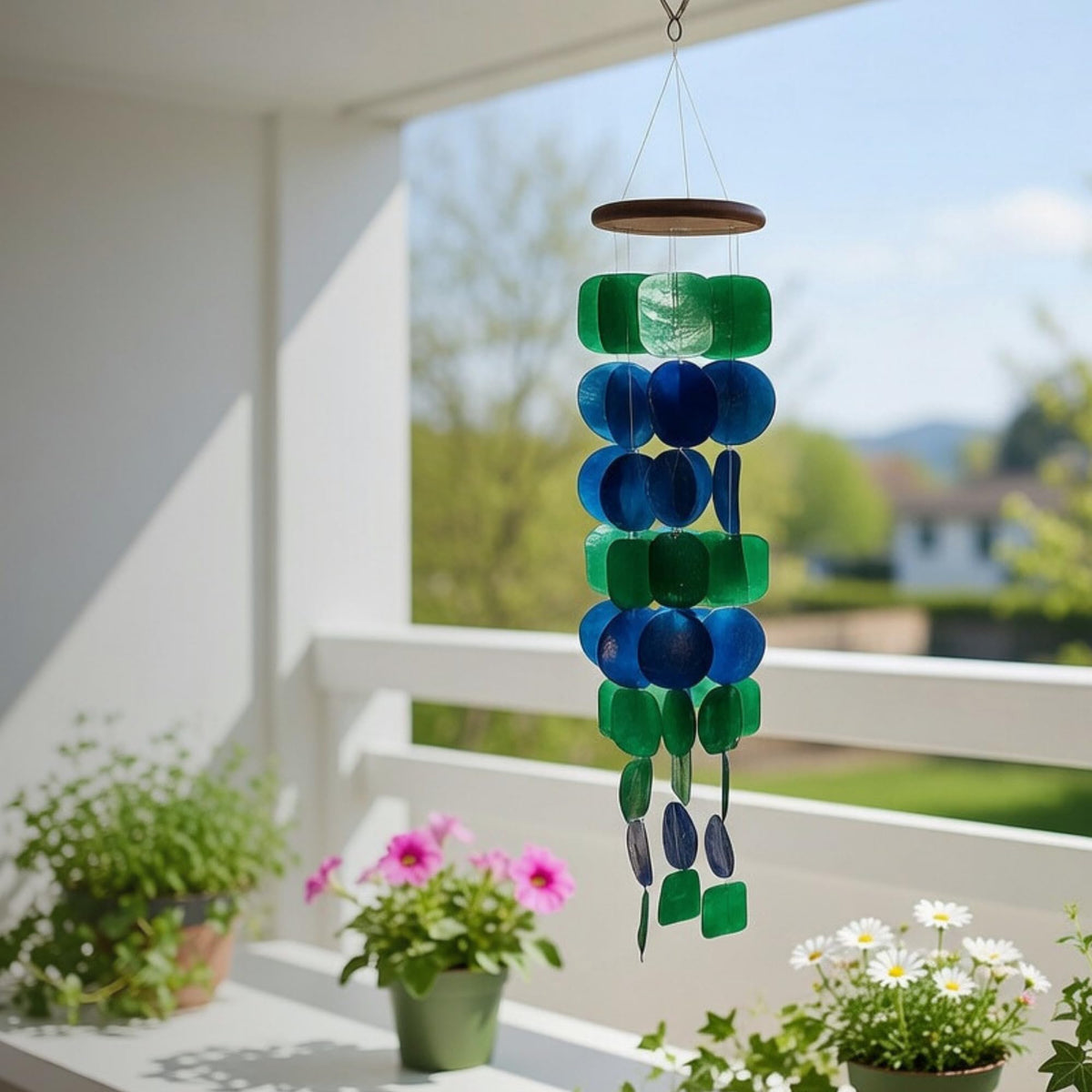 Solange & Frances capiz wind chimes bring garden decor with peaceful tones.