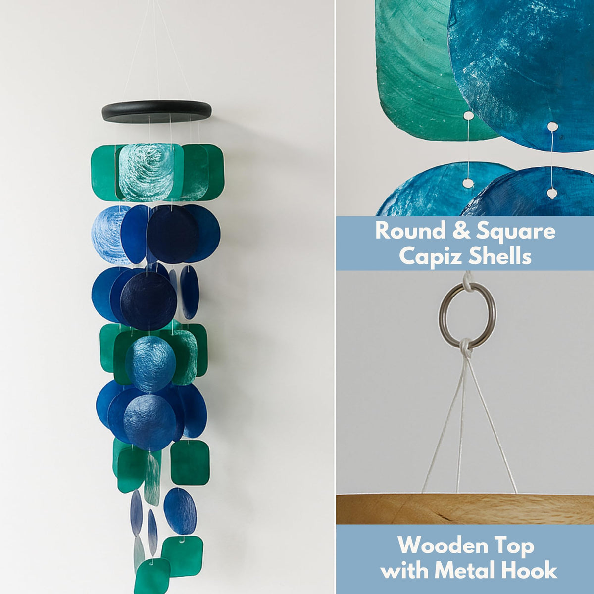 Solange & Frances capiz wind chimes feature a natural wood top for sturdy style.