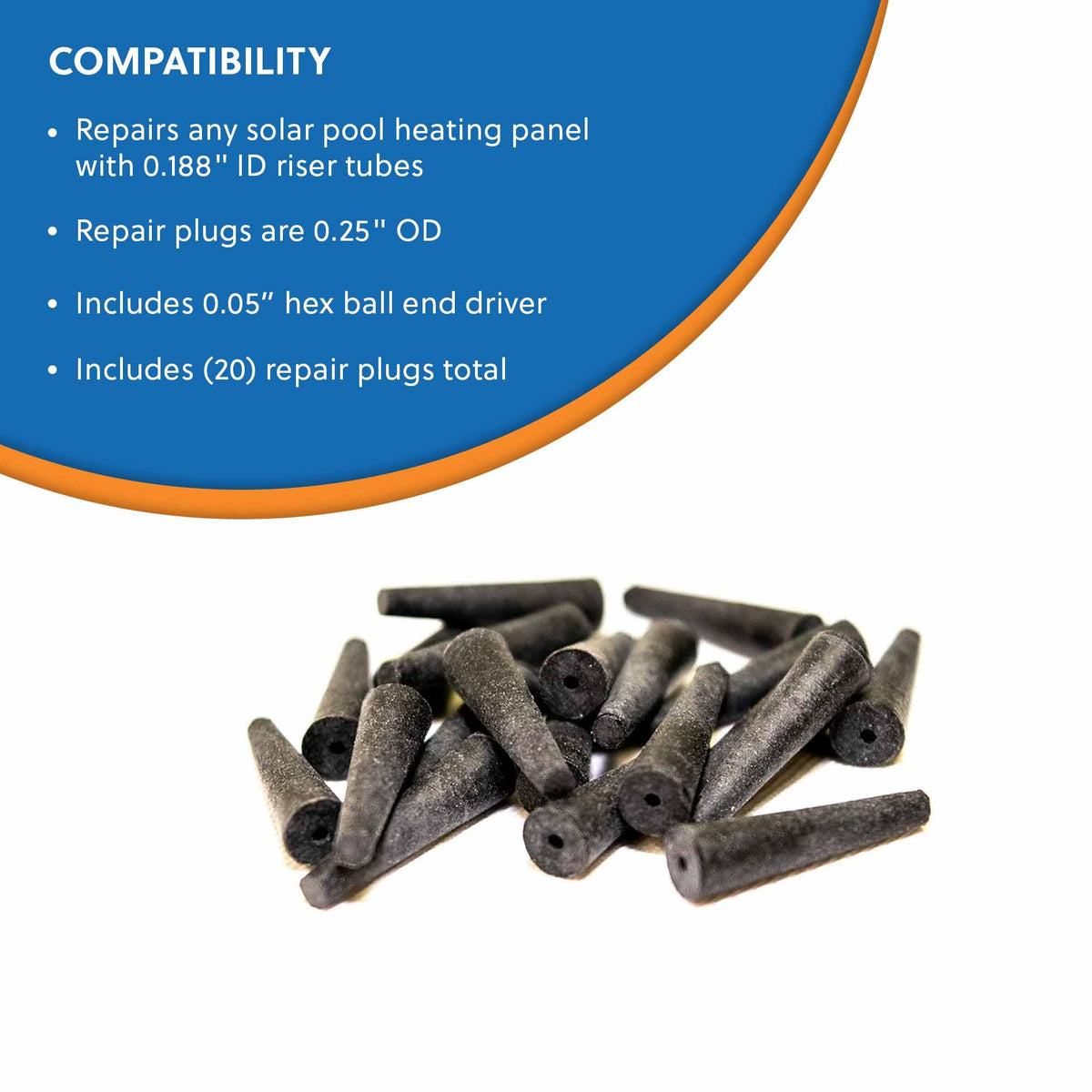SolarPoolRepair original plug 0-25-diameter seals riser leaks in solar pool heaters.