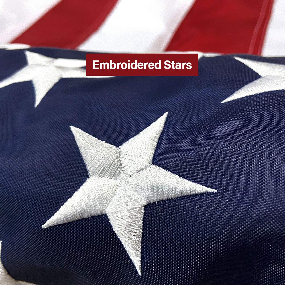 SolarStar American flag with sewn stripes stays resilient against wind and weather.