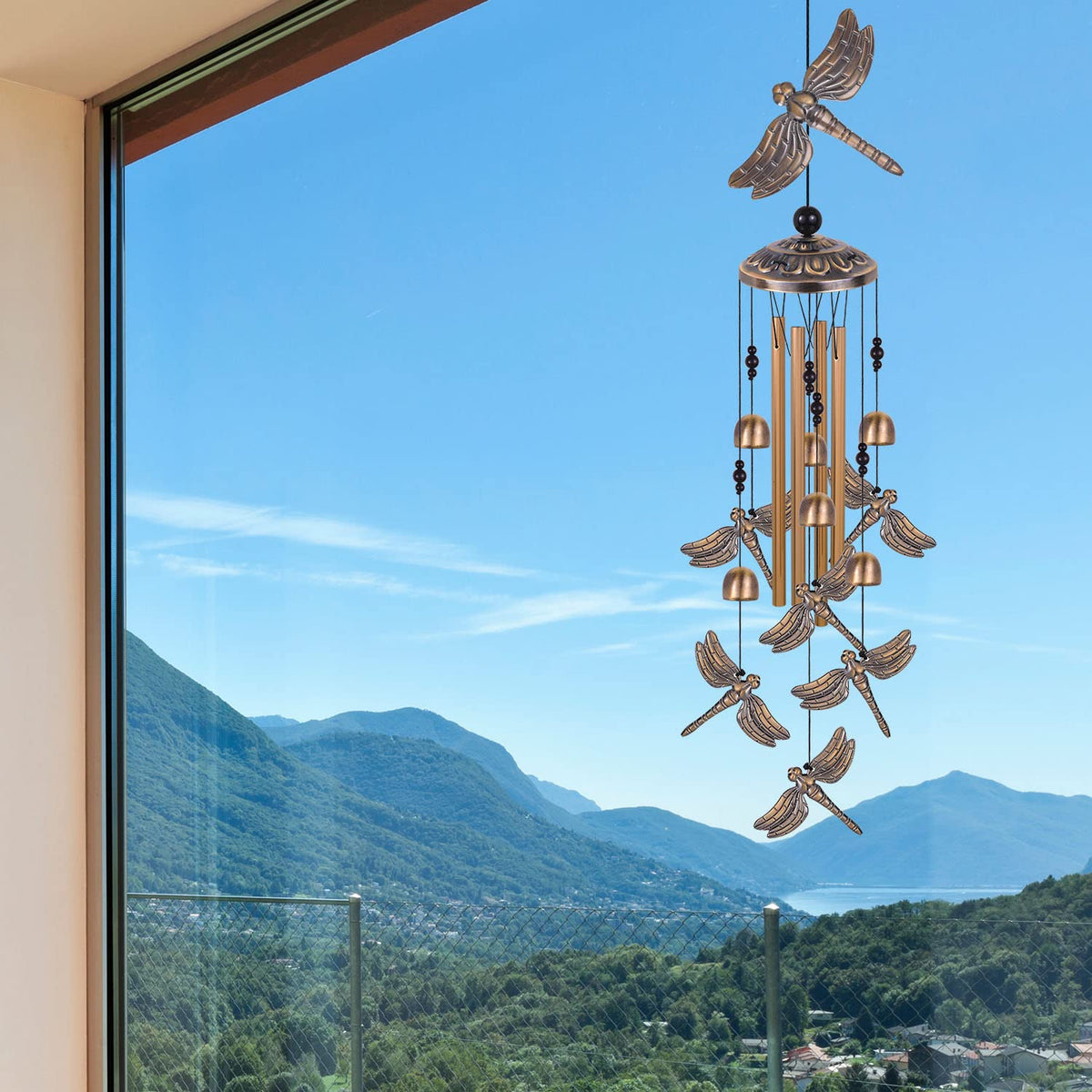 Solawindchime bronze dragonfly close-up highlights craftsmanship and weather-resistant finish.