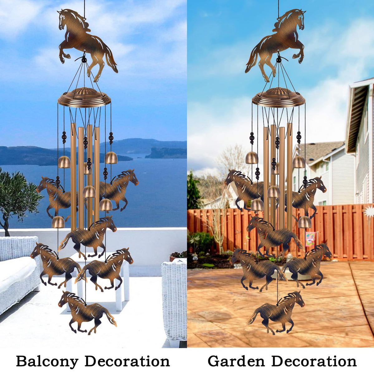 Solawindchime bronze horses wind chimes by doorway inviting good vibes