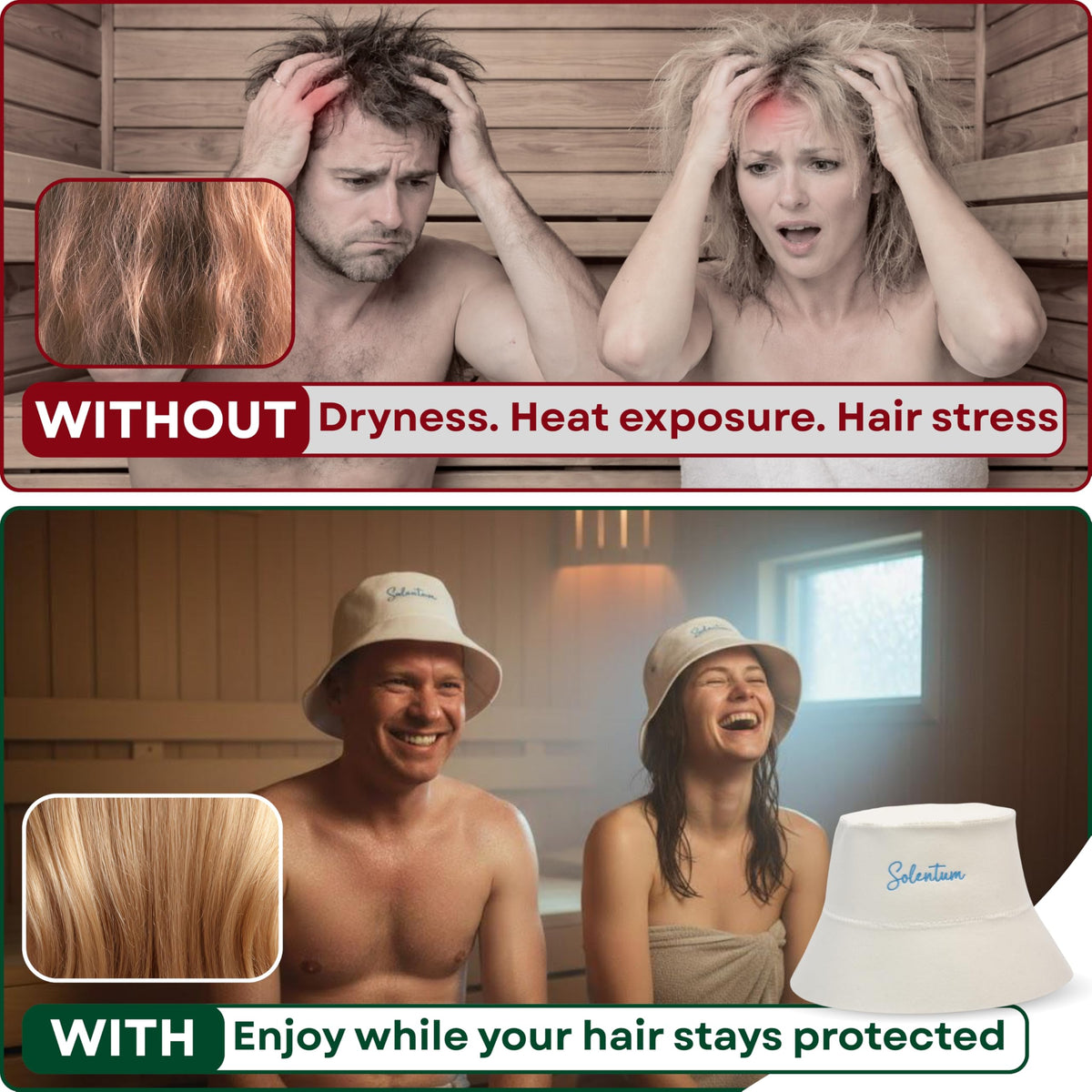 SOLENTUM Premium Sauna Hat side view highlights breathable construction and secure fit