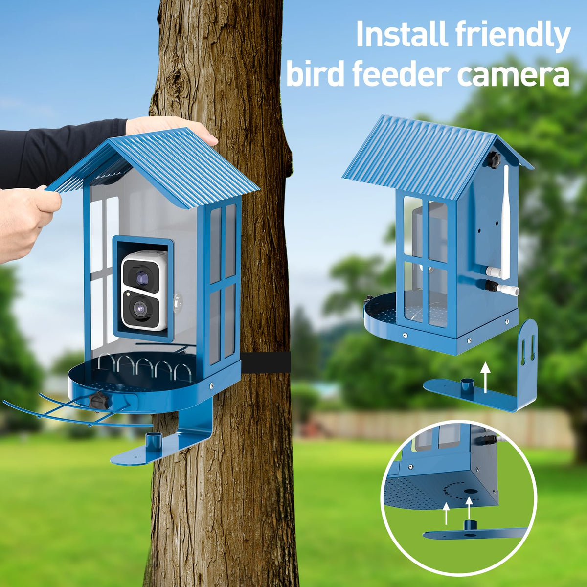SOLIOM BF08 metal blue stand emphasizes durable, squirrel-resistant support.