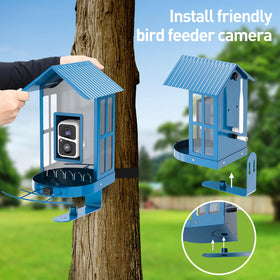 SOLIOM BF08 metal blue stand emphasizes durable, squirrel-resistant support.