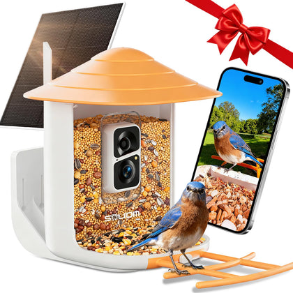SOLIOM BF09 front view with solar panel and feeder for backyard birdwatching.