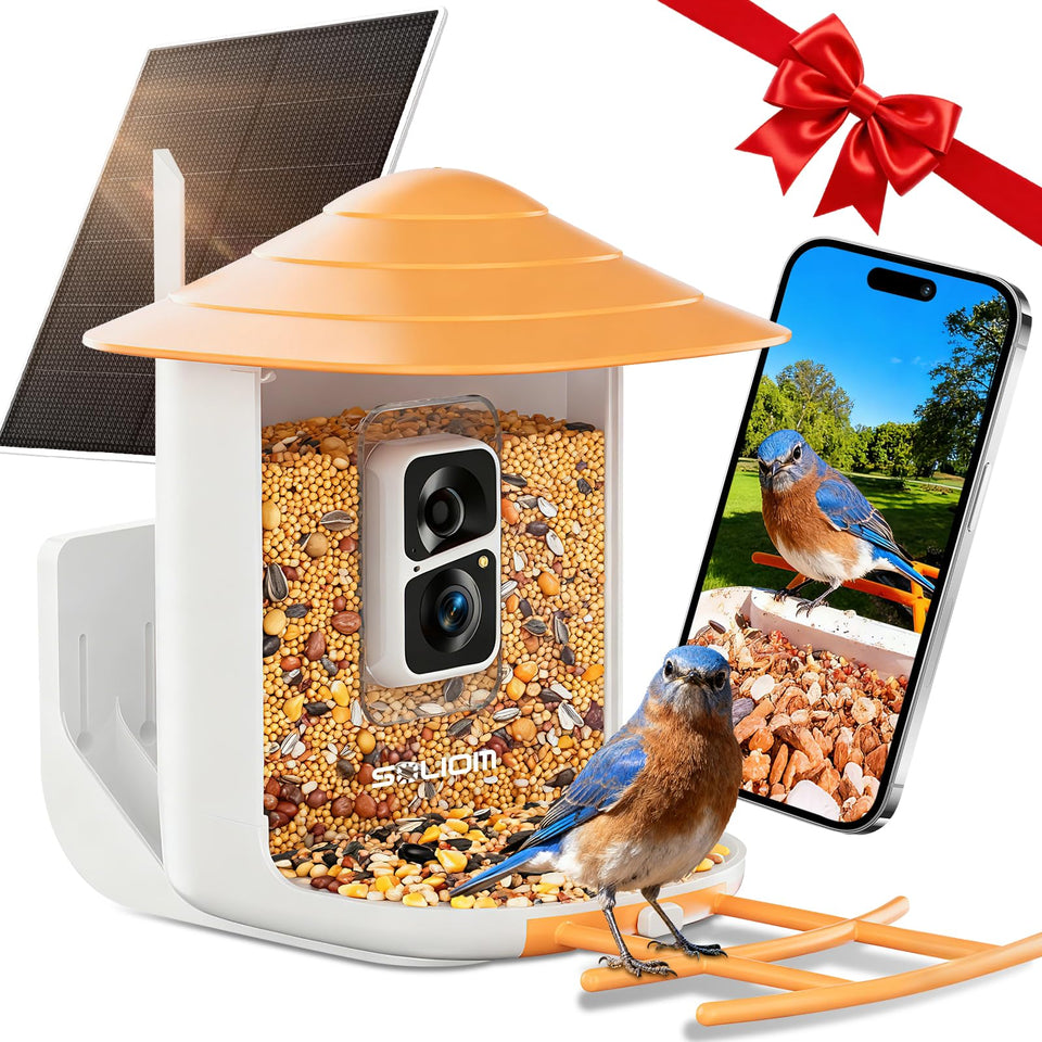 SOLIOM BF09 front view with solar panel and feeder for backyard birdwatching.