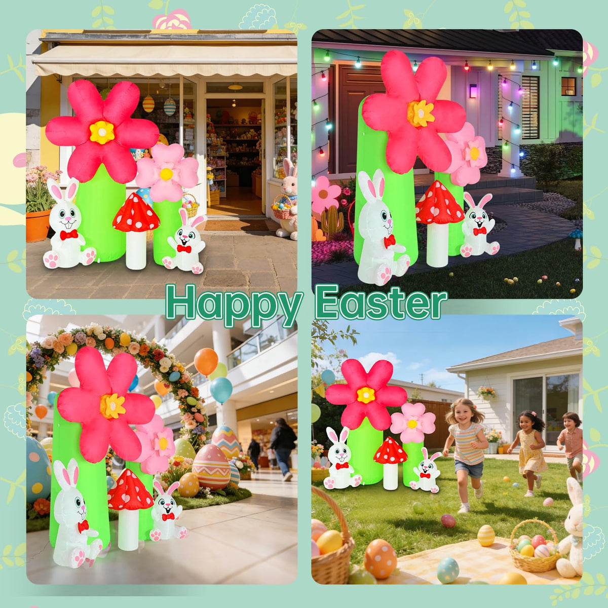 Solivaga Easter inflatable with LED lights for a bright nighttime display.