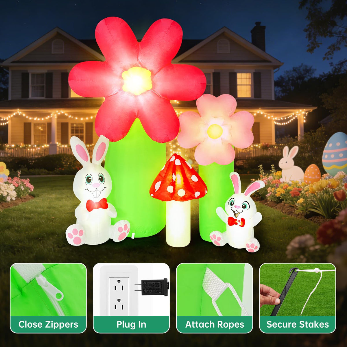 Solivaga night-display Easter inflatable stays bright after dusk.