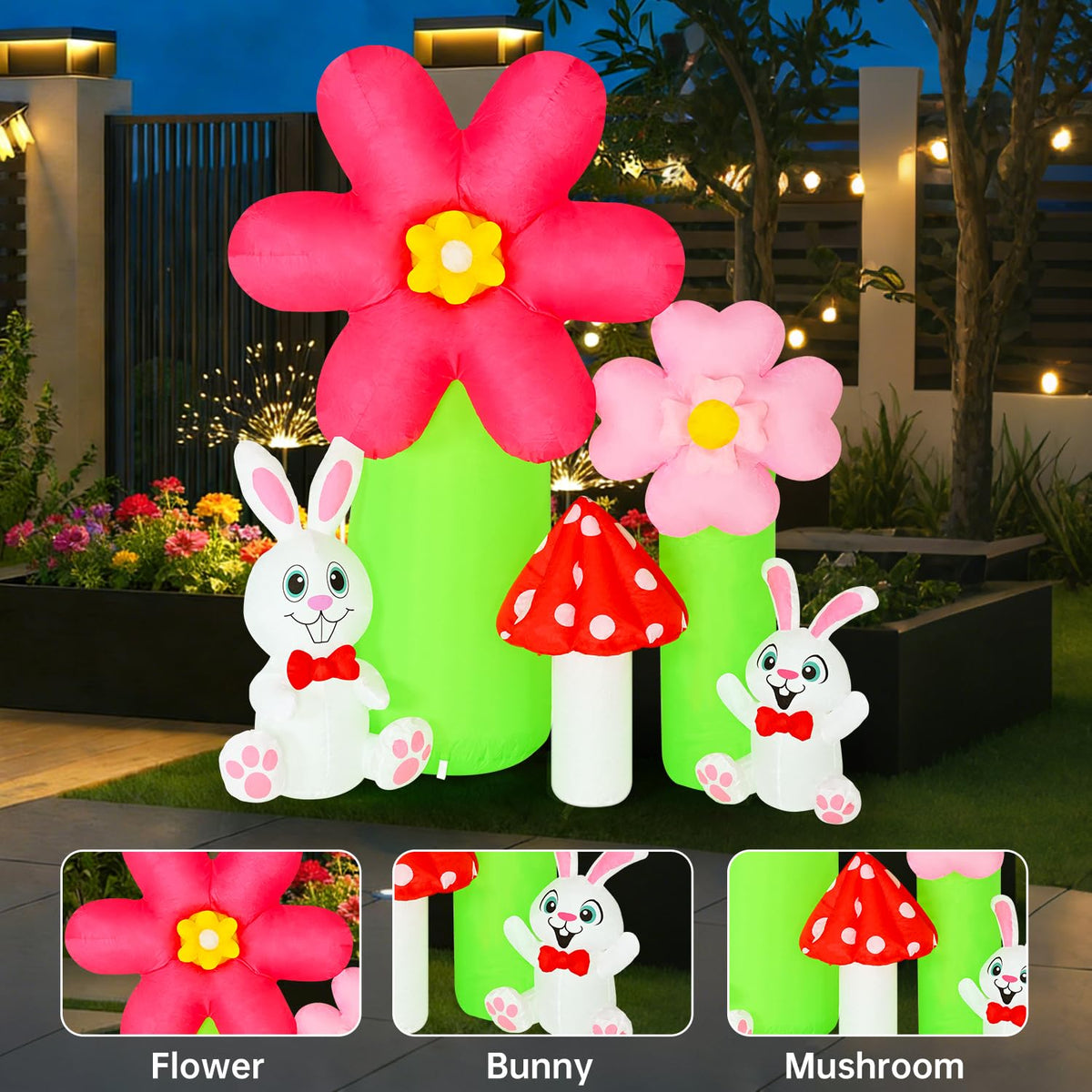 Solivaga spring flowers and mushroom inflatable adds whimsical garden color.