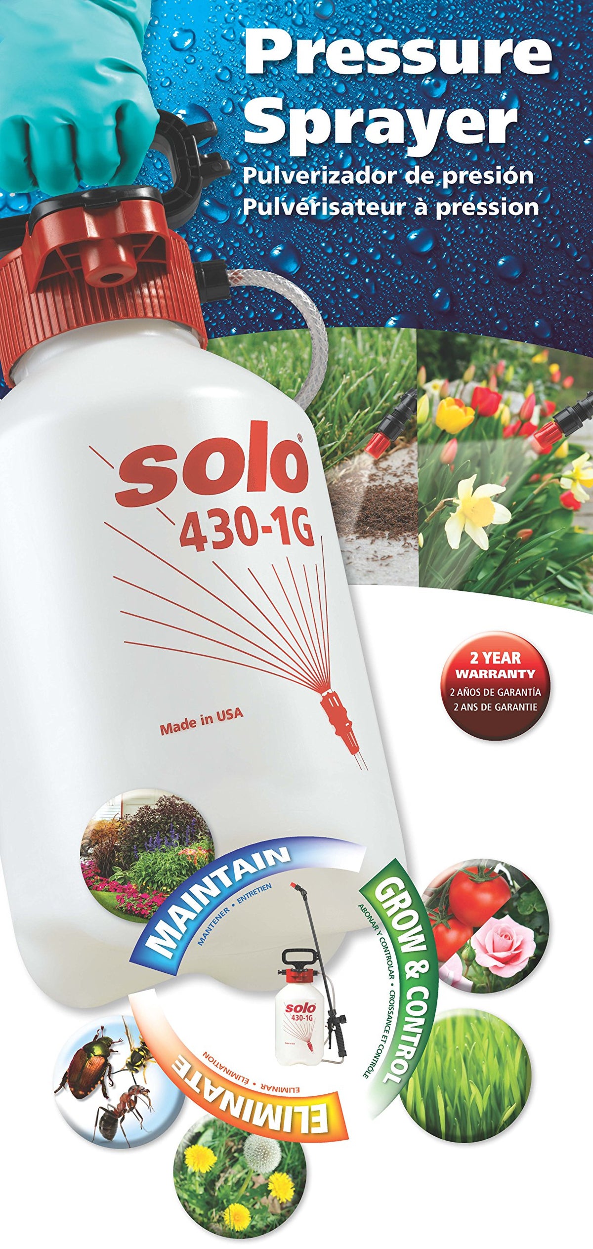 SOLO 430-1G sprayer with extended 28-inch wand for reach.