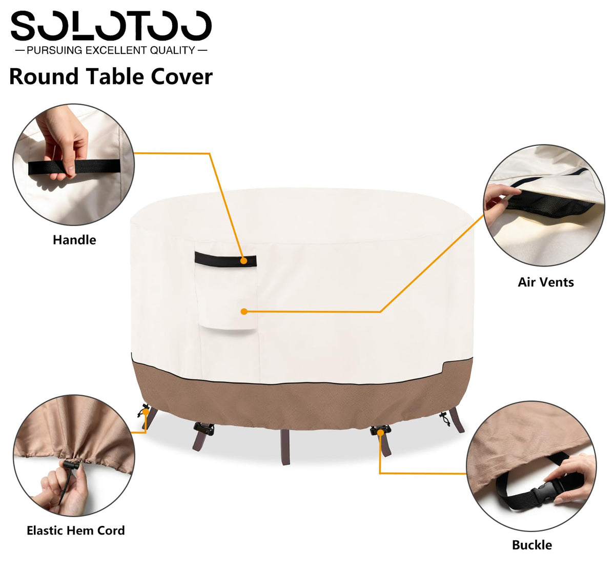 SoloToo beige and brown round cover blends with patio décor while protecting surfaces.