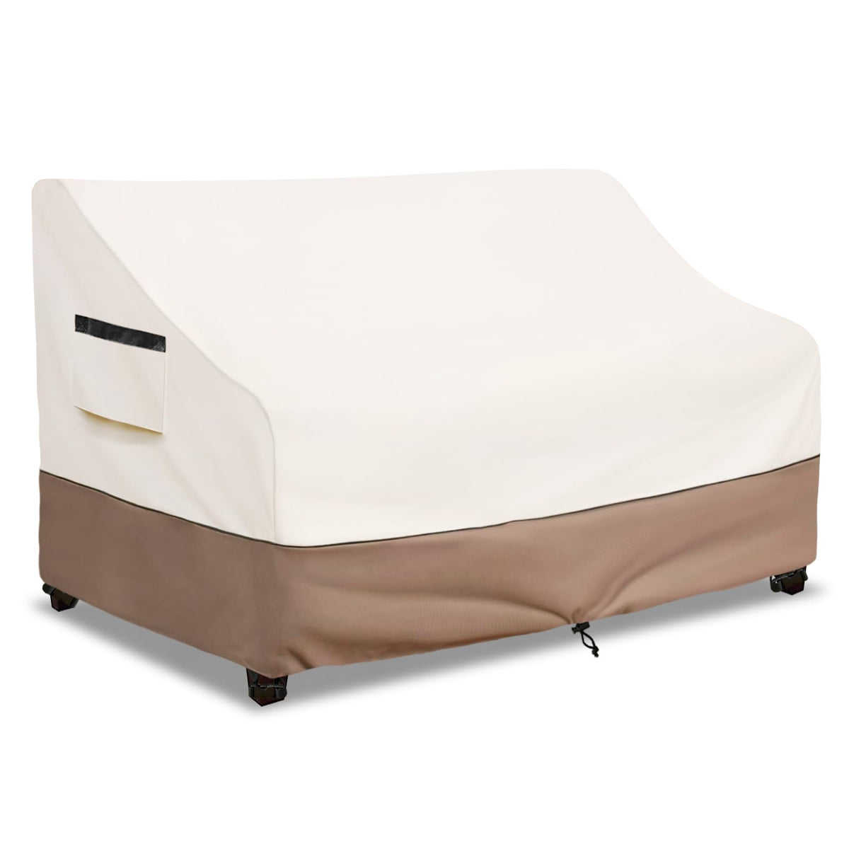 SoloToo waterproof outdoor couch cover on beige two‑seater sofa, rain protection and sun fade guard
