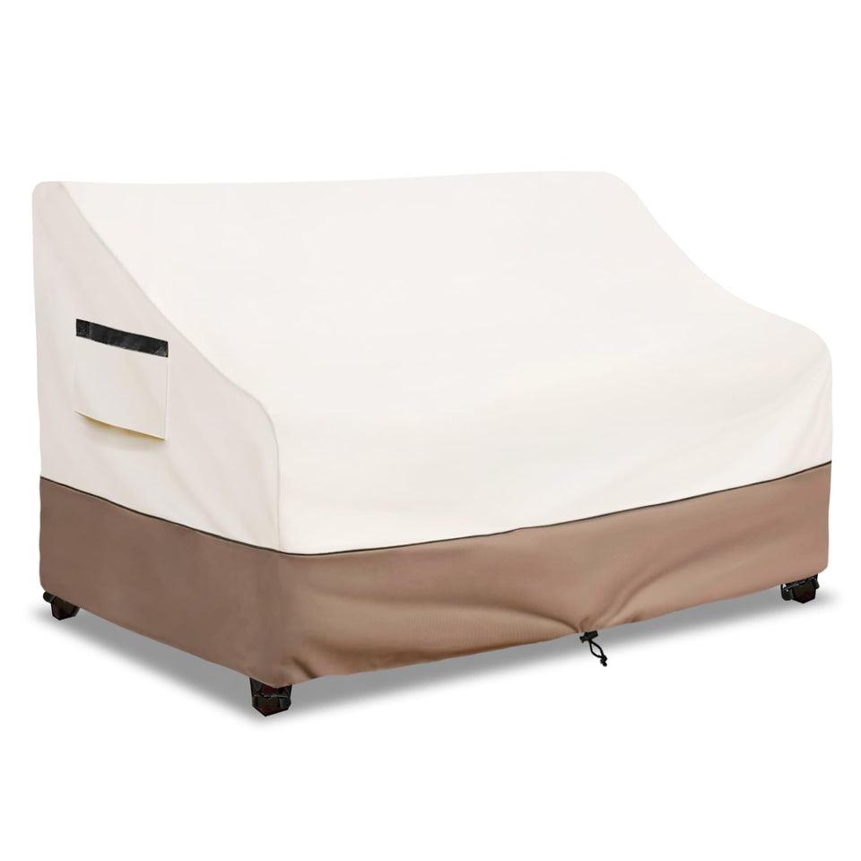 SoloToo waterproof outdoor couch cover on beige two‑seater sofa, rain protection and sun fade guard