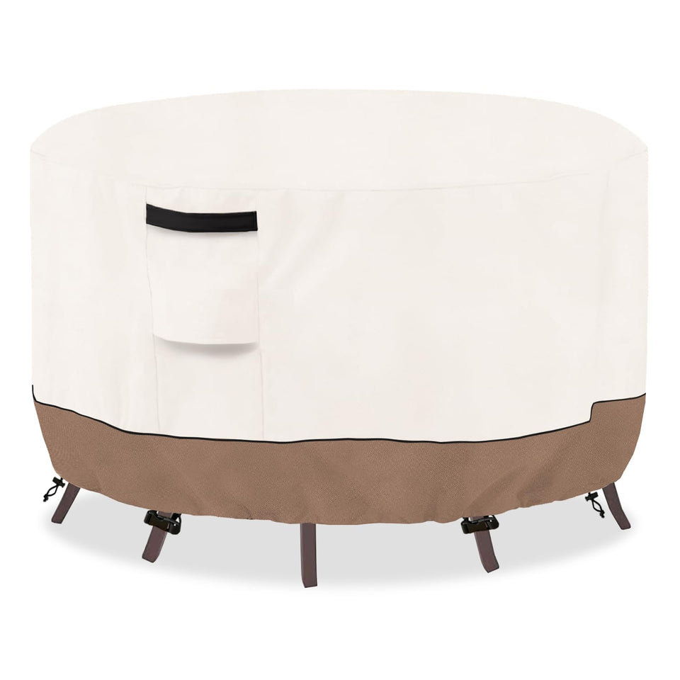 SoloToo round table cover with waterproof Oxford fabric shields outdoor furniture from rain and sun.