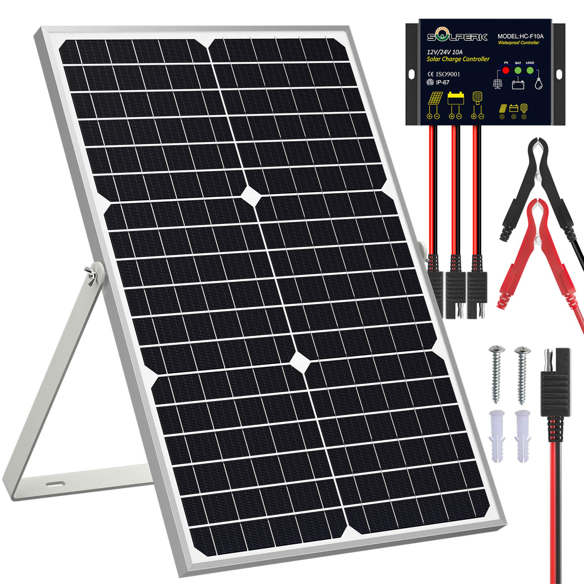 SOLPERK 30W solar panel front view for outdoor battery maintenance.