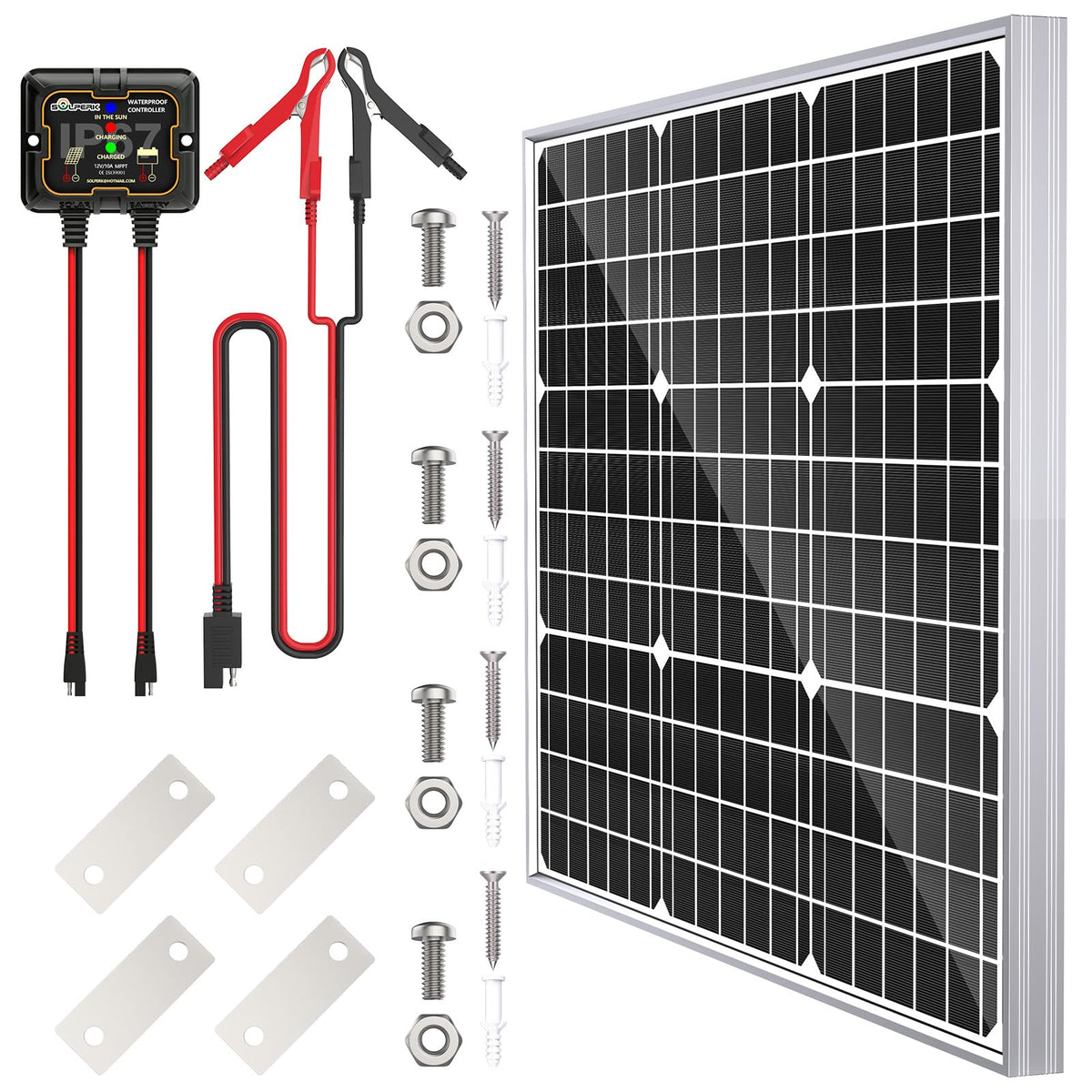 SOLPERK 50W solar panel front view powering 12V batteries efficiently