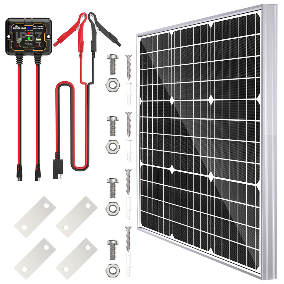 SOLPERK 50W solar panel front view powering 12V batteries efficiently